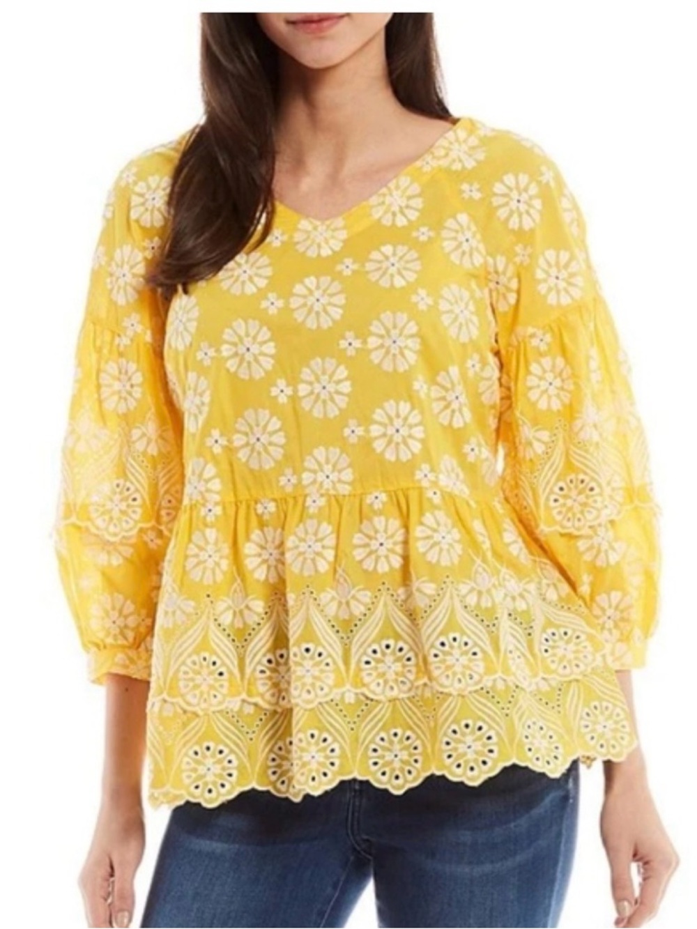 John Mark Yellow Eyelet Embroidered Peasant Blouse
